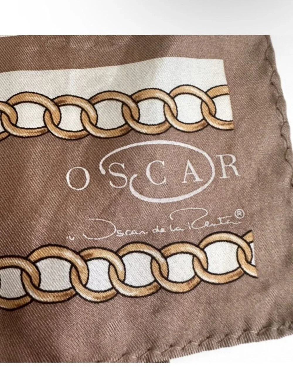 Oscar de la Renta Silk Chain Scarf Rectangle 54X11 Beige Brown Gold Designer
